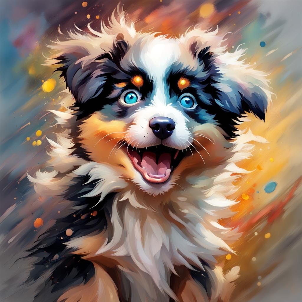 Laughing Australian Shepherd Puppy in Colorful Splash Art