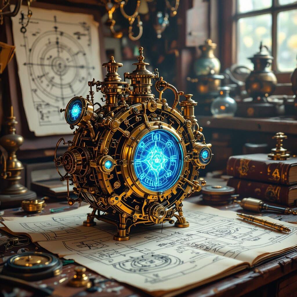 Steampunk Engine with Glowing Runes in Artificer's Workshop
