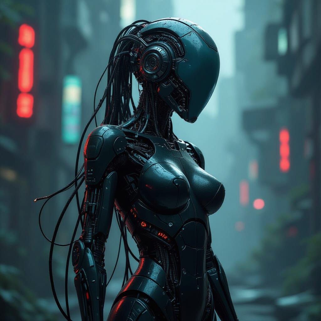 Biomechanical Being in Cyberpunk Landscape
