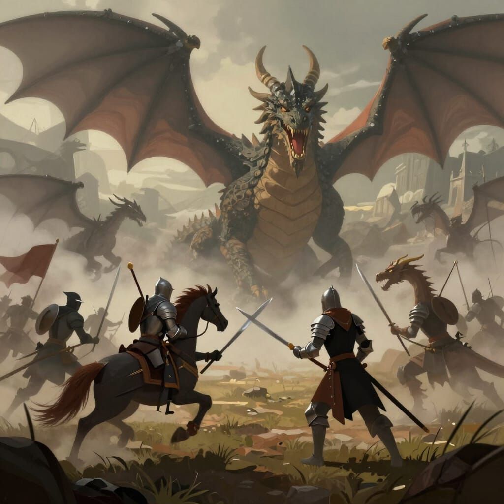 Knights Battle Dragons in Painterly Fog Landscape