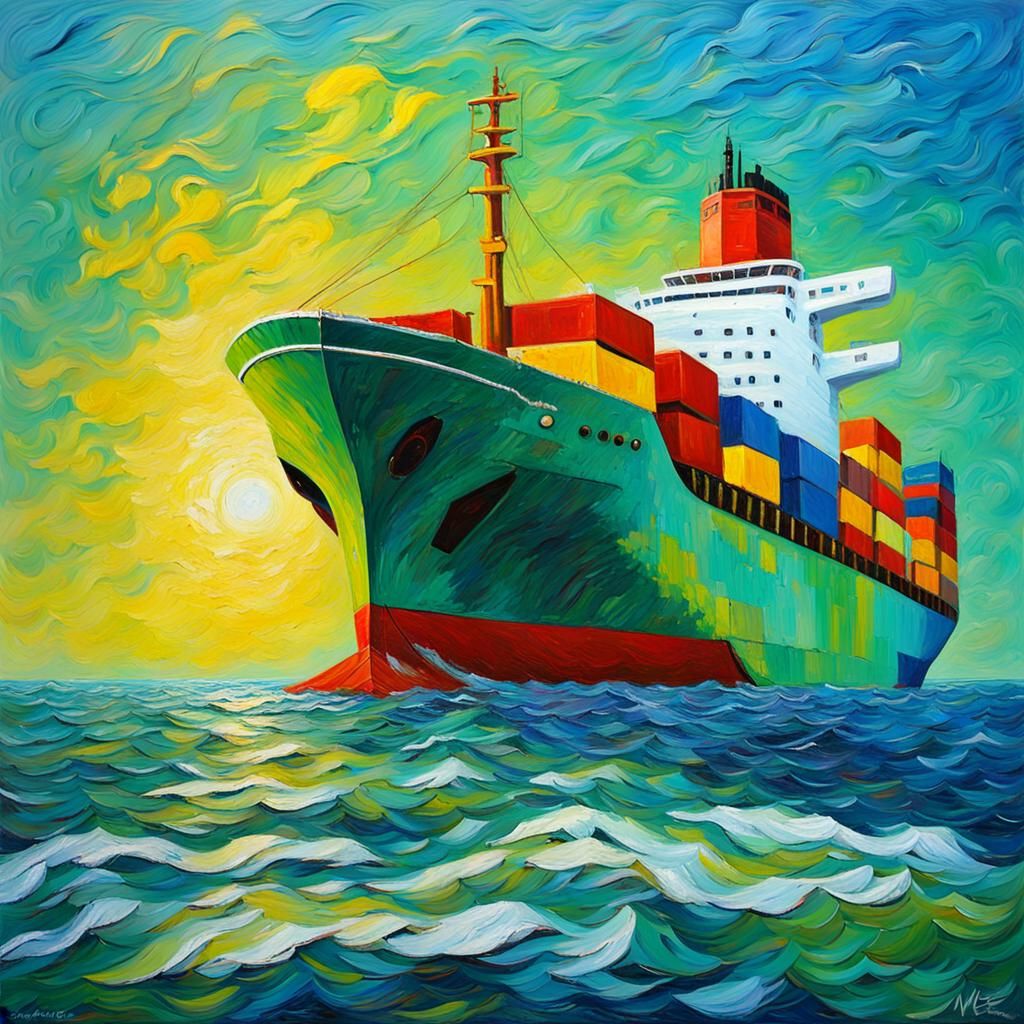 Neo-Impressionist Ship on Blue Ocean with Green Sky