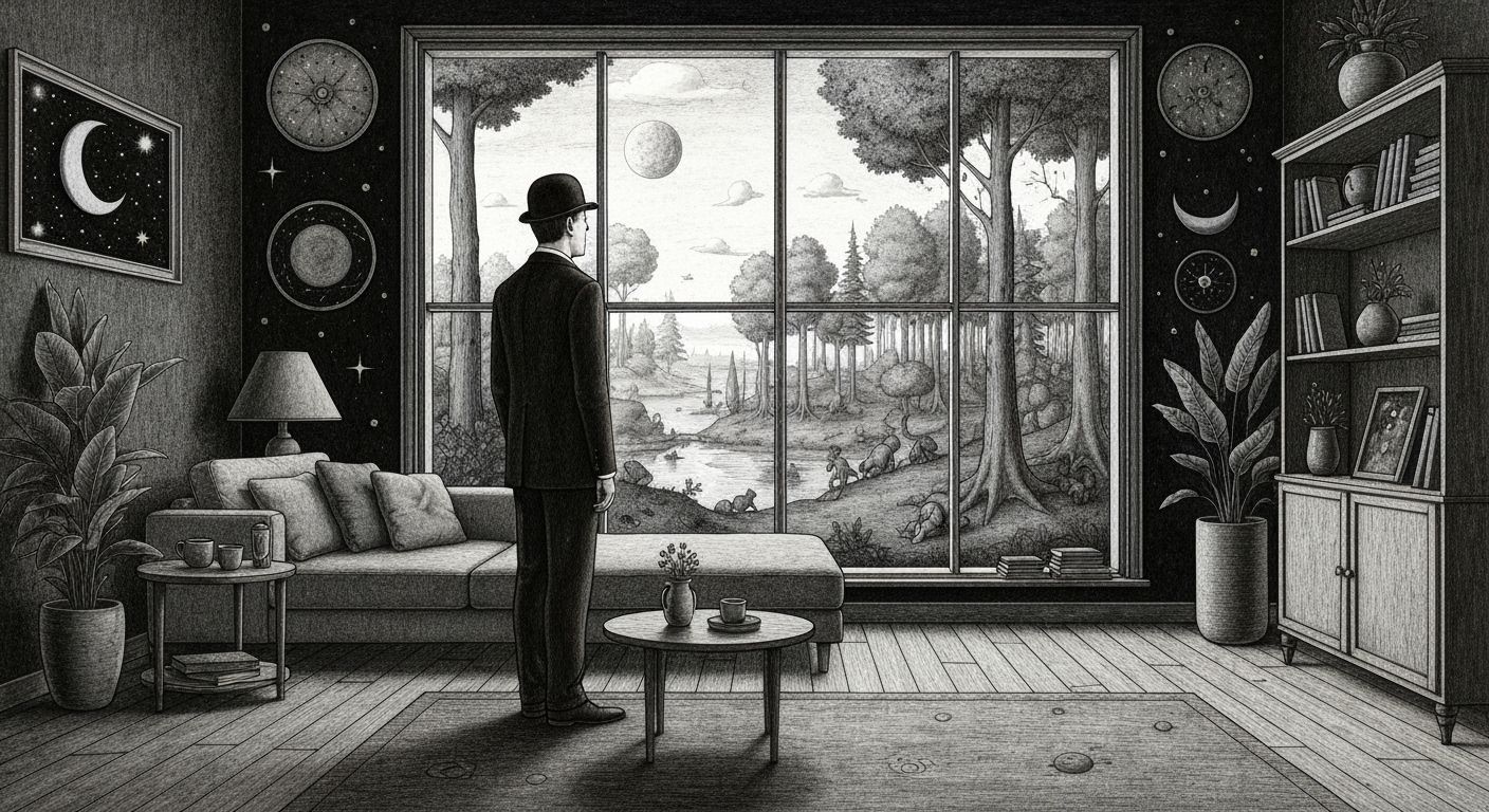 Magritte-Inspired Man in Cosmos Room Views Surreal Forest