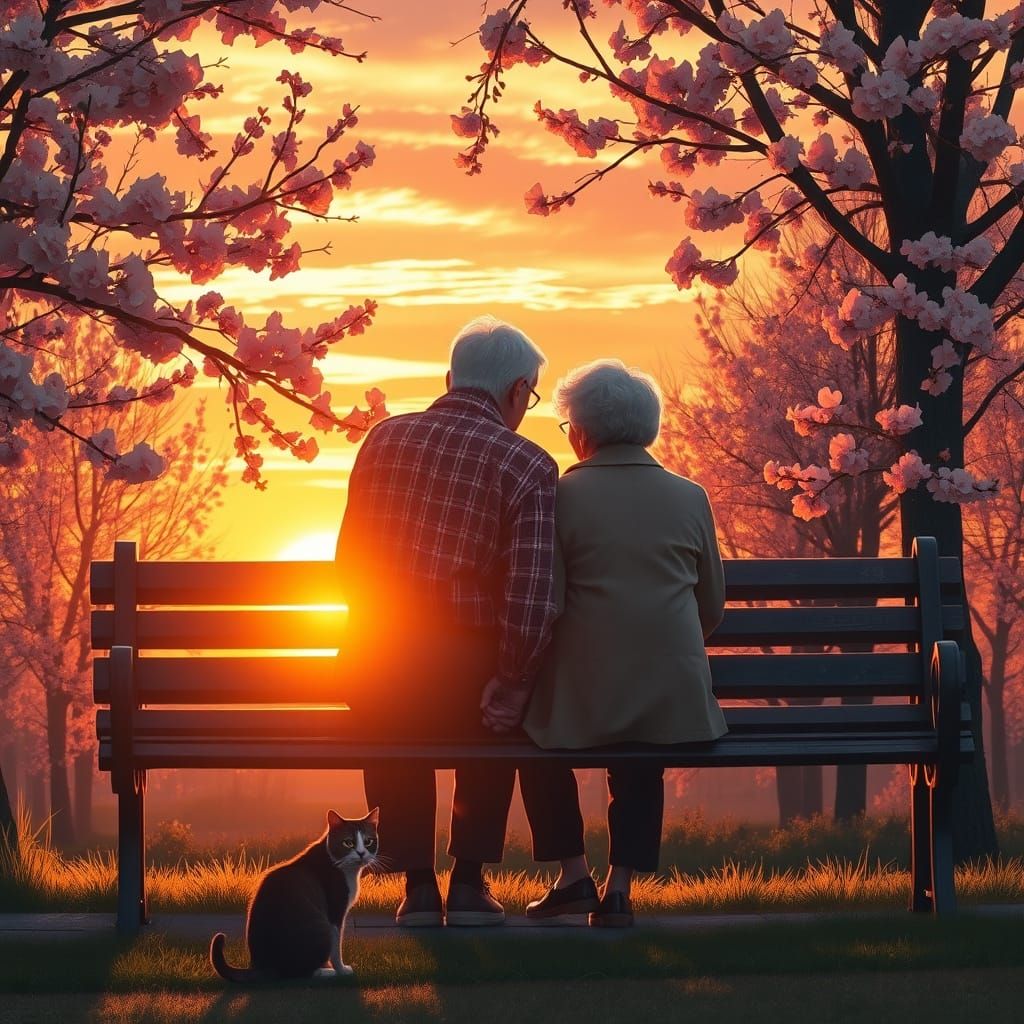 Warm Sunset Embracing Elderly Love