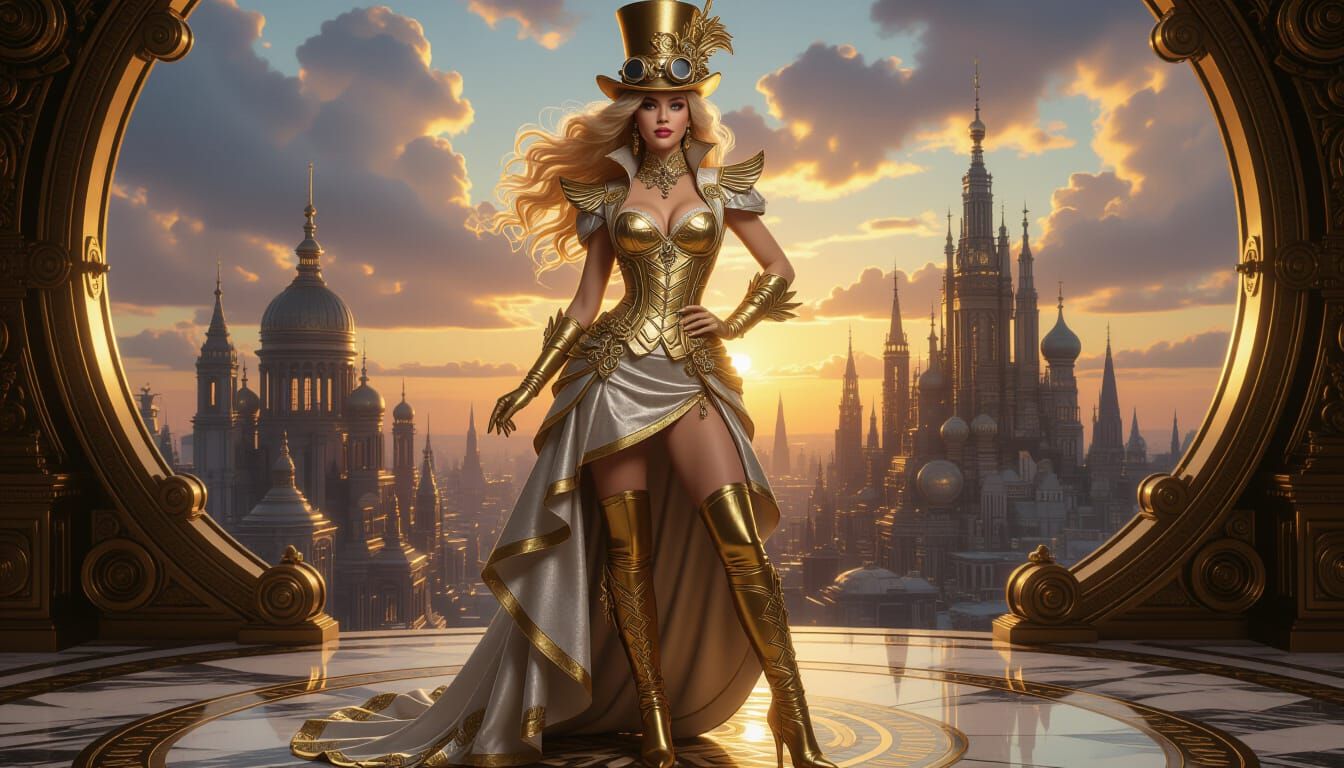 Steampunk Woman in Gilded Cityscape