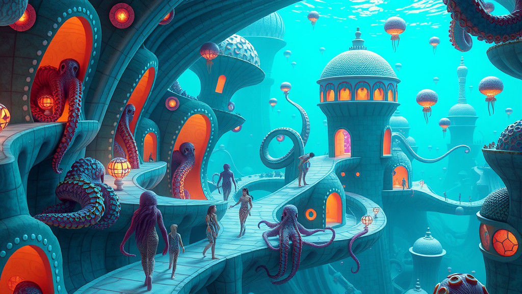 Underwater Octopus City with Bioluminescent Architecture