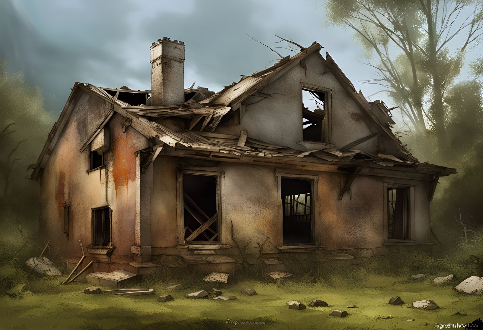 Sinister Post-Apocalyptic House Ruins: Dark Fantasy Art