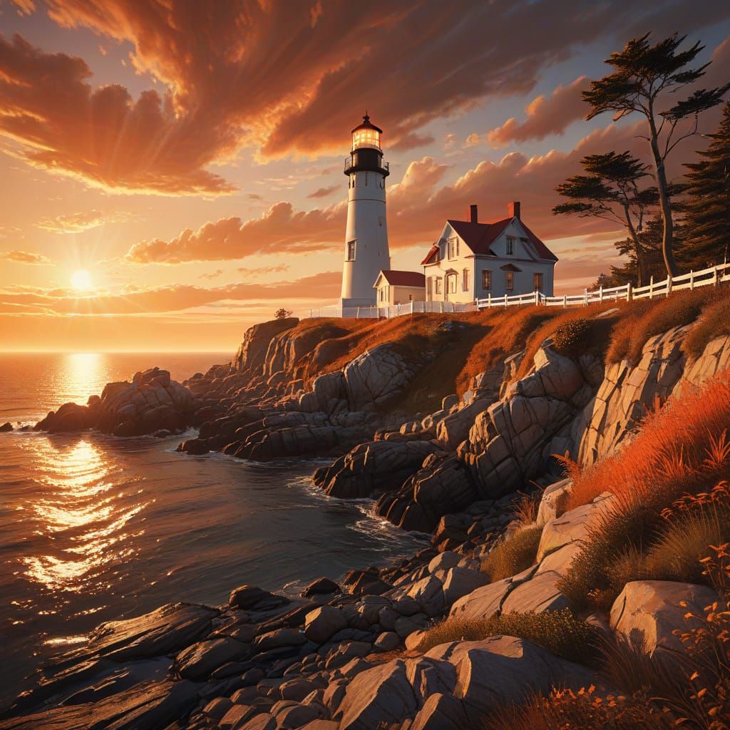Cape Elizabeth Lighthouse Sunset: Digital Painting