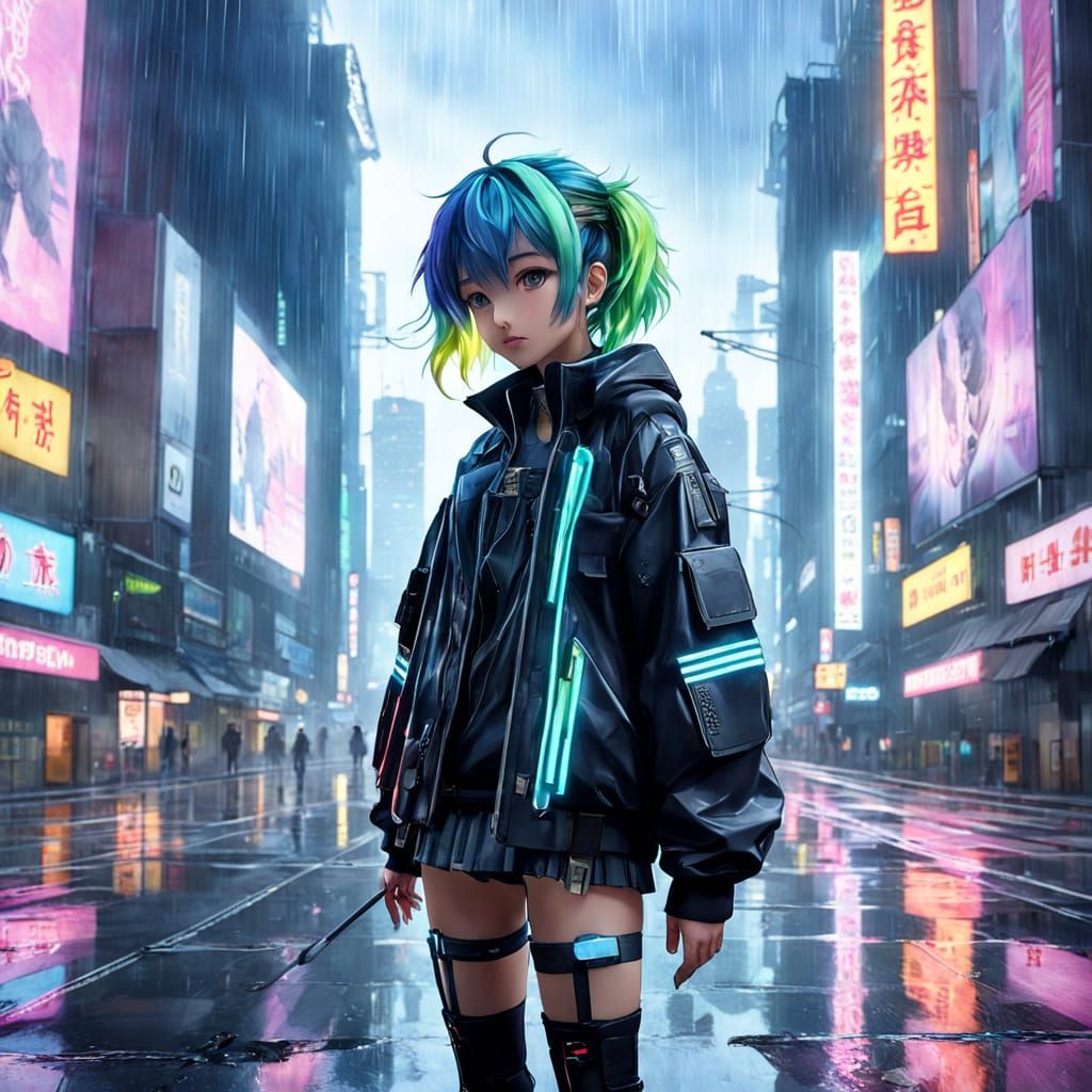 Cyberpunk Anime Woman in Neon Cityscape