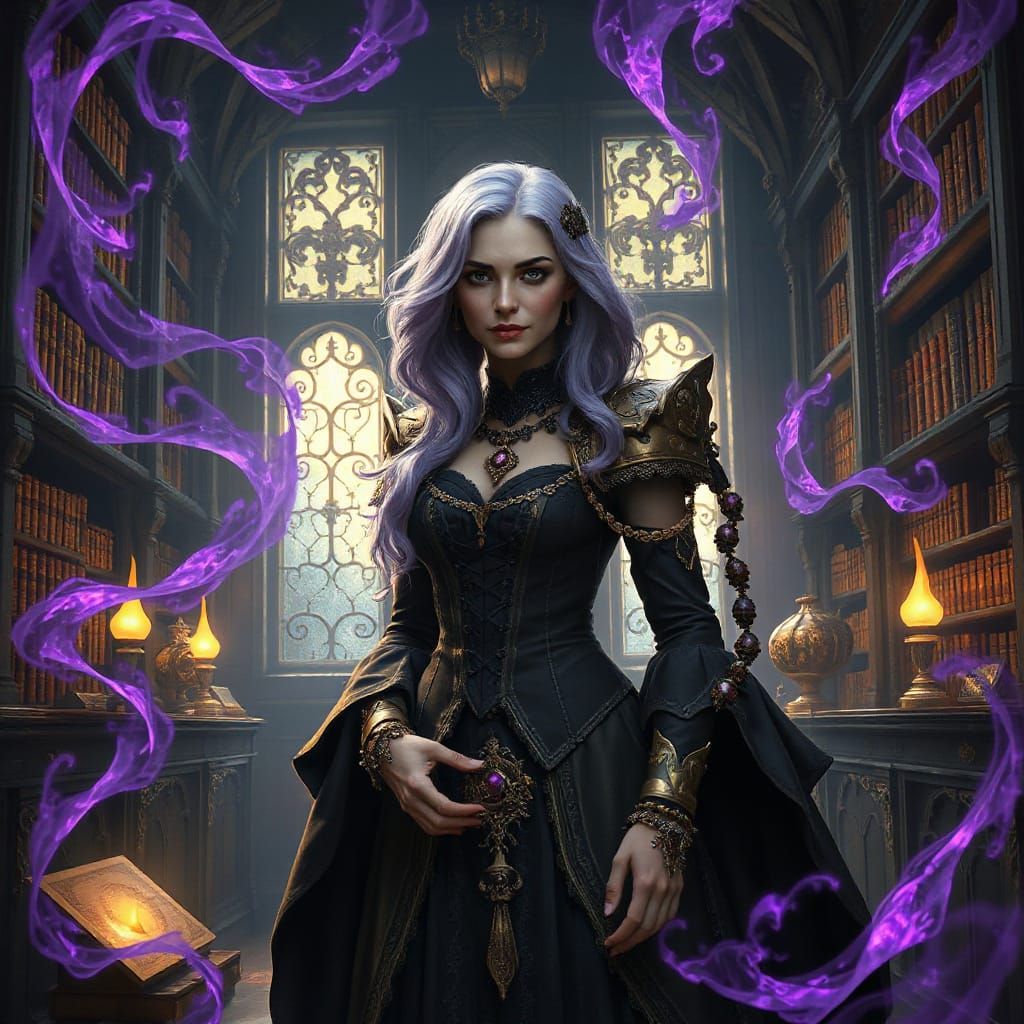 Sorceress in Arcane Library, Dark Fantasy Art Nouveau Style