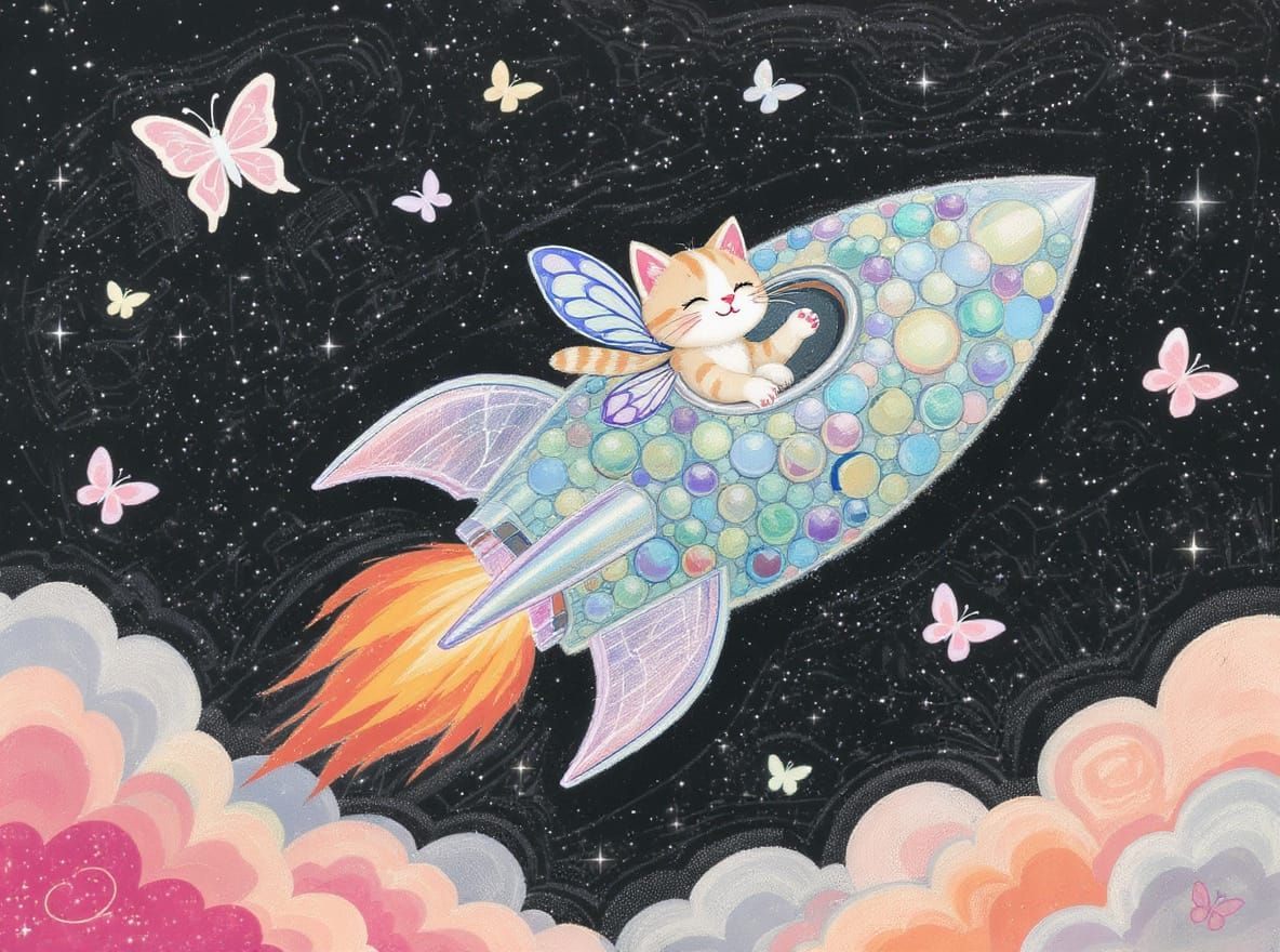 Bubble Rocket Soaring Through Dreamlike Chalk Sky