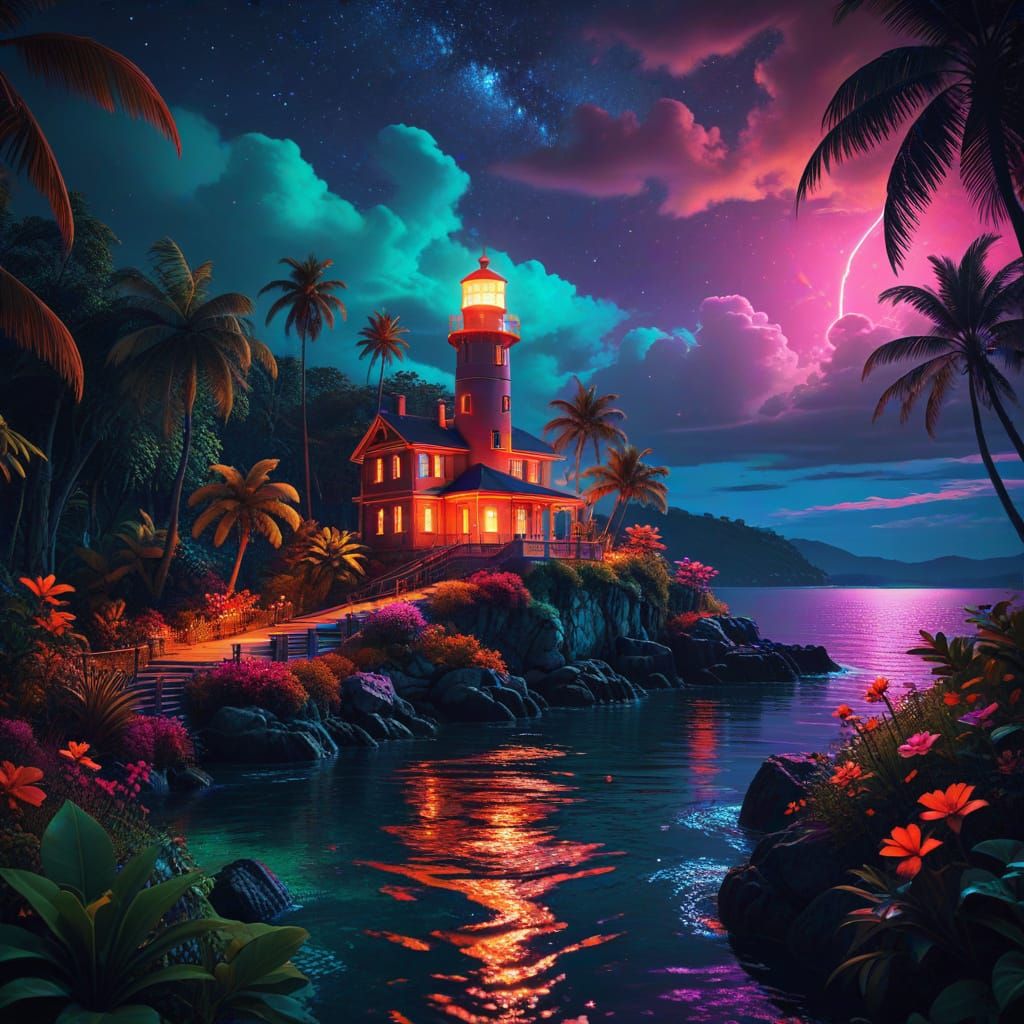 Synthwave Lighthouse by Tropical Lake at Night