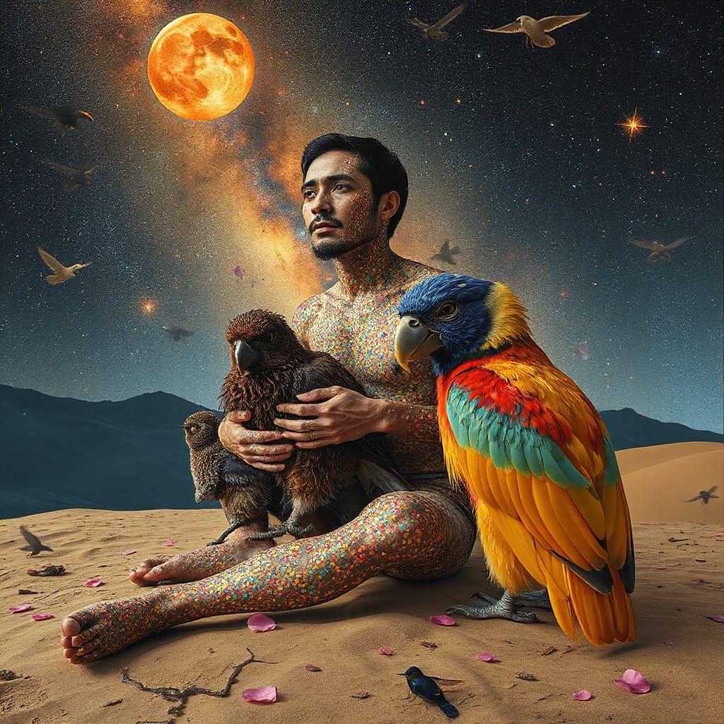 Celestial Figure and Bird in Cosmic Landscape