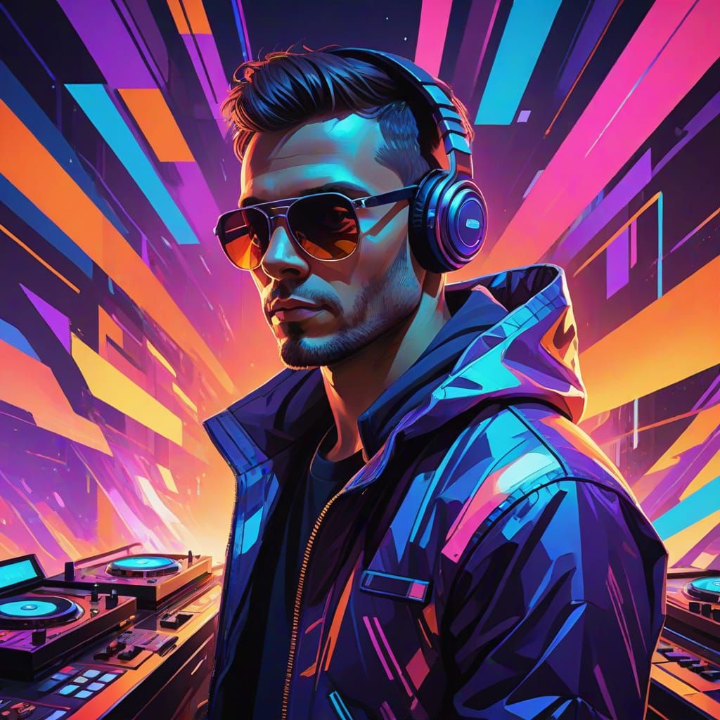 Psytrance Tech House DJ Portrait in Neon-Lit Rave Atmosphere