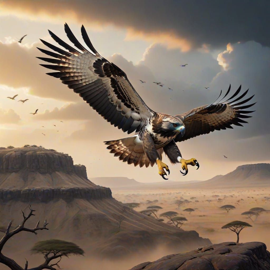 Epic Cinematic Black-chested Snake Eagle in Serengeti Landsc...