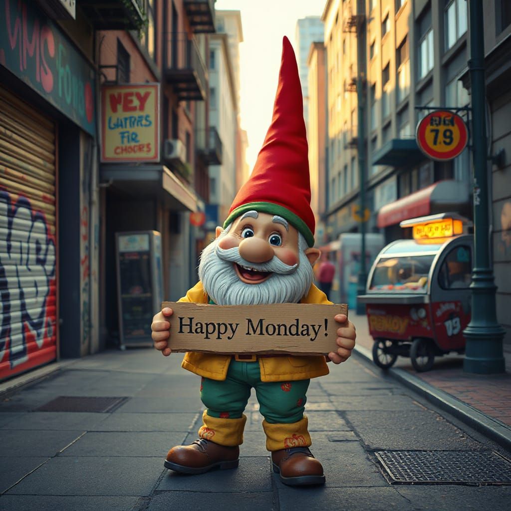 Cheerful Gnome on City Sidewalk in Cartoon Realism