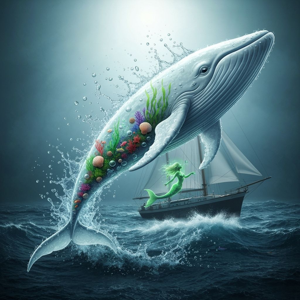 Bioluminescent Water Whale Sculpture Leaping Over Sailboat