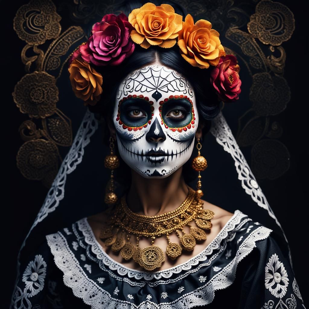 Eerie La Catrina Portrait in Mexican Folk Art Style