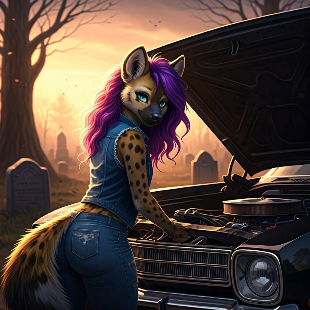 Seductive She-Hyena Tinkers with Vintage Car in Cemetery