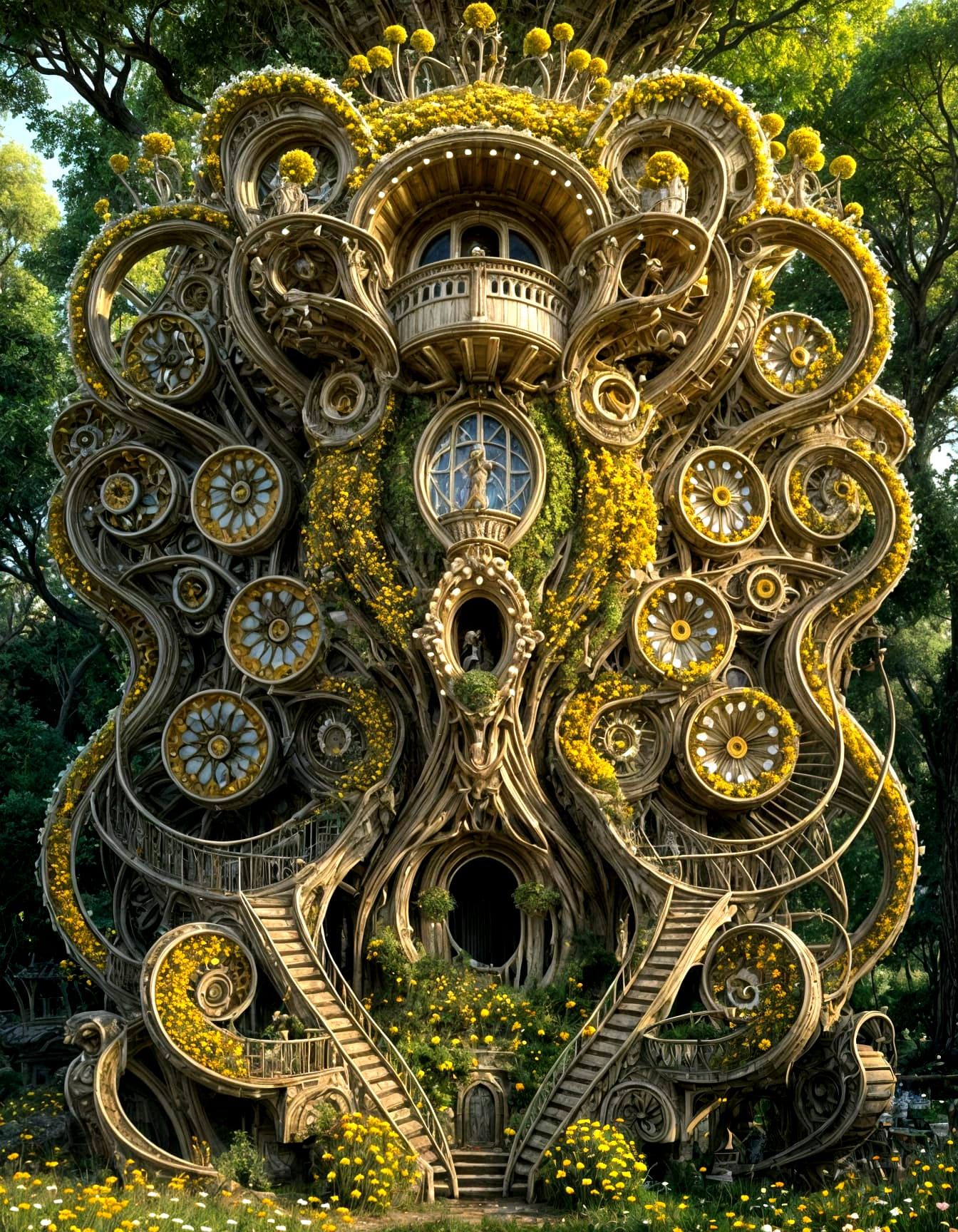 Intricate Chamomile Flower Treehouse: Fantasy Art