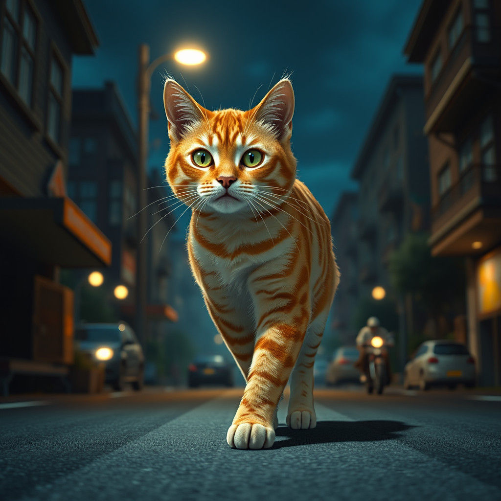 Orange Tabby Cat Crossing Street at Night