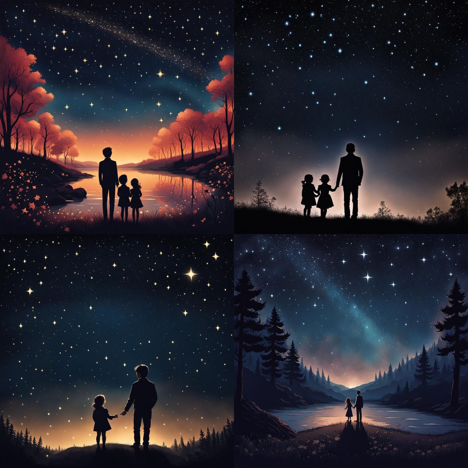 Starry Night Sky with Father and Daughter, Oil Painting