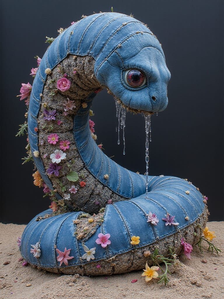 Freestanding Colossal Biolucent Denim Sandworm in Dramatic P...