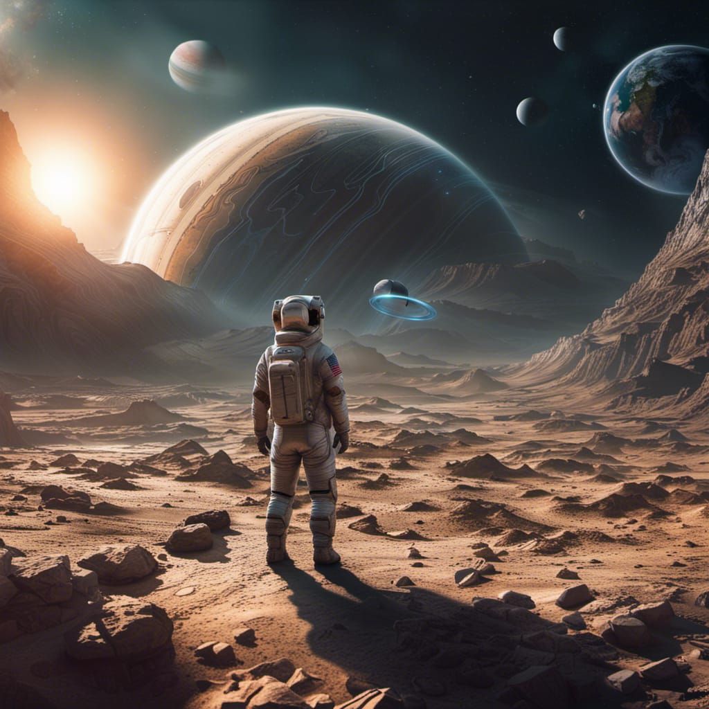 Cyberpunk Astronaut Gazing at Saturn at Dawn