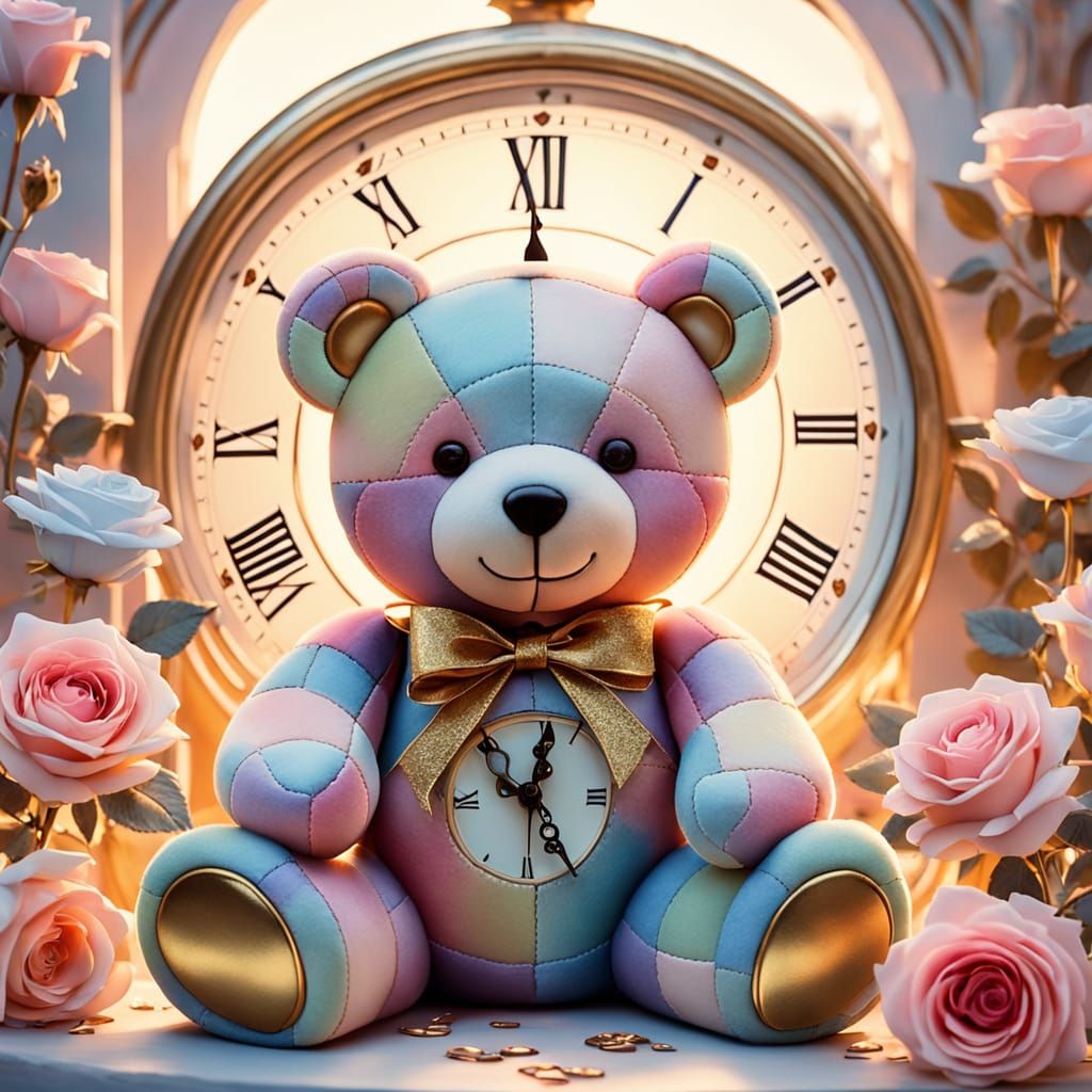 Patchwork Teddy Bear with Hearts and Roses in Pastel Waterco...
