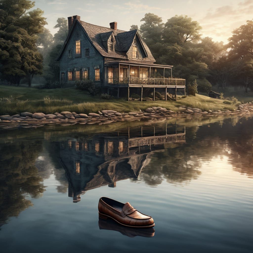 Serene Lake Dawn with Antique Shoe, Realistic Digital Art