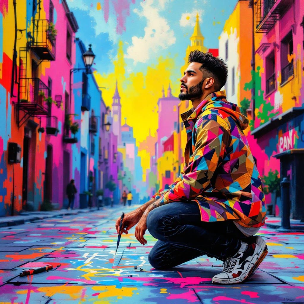 Latino Man Creates Street Art in Vibrant City