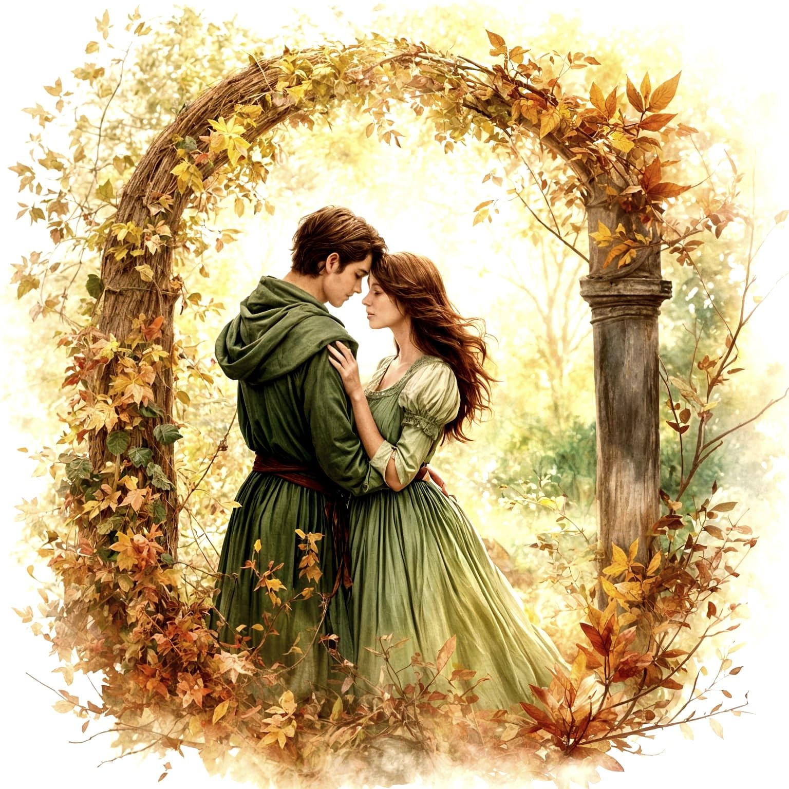 Romantic Autumn Garden Encounter in Ethereal Fantasy Style