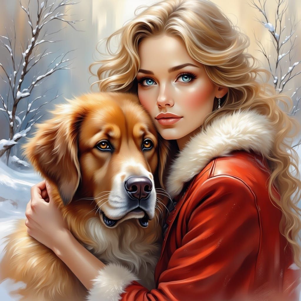 Woman in Red Cape with St. Bernard, Soft Winter Style