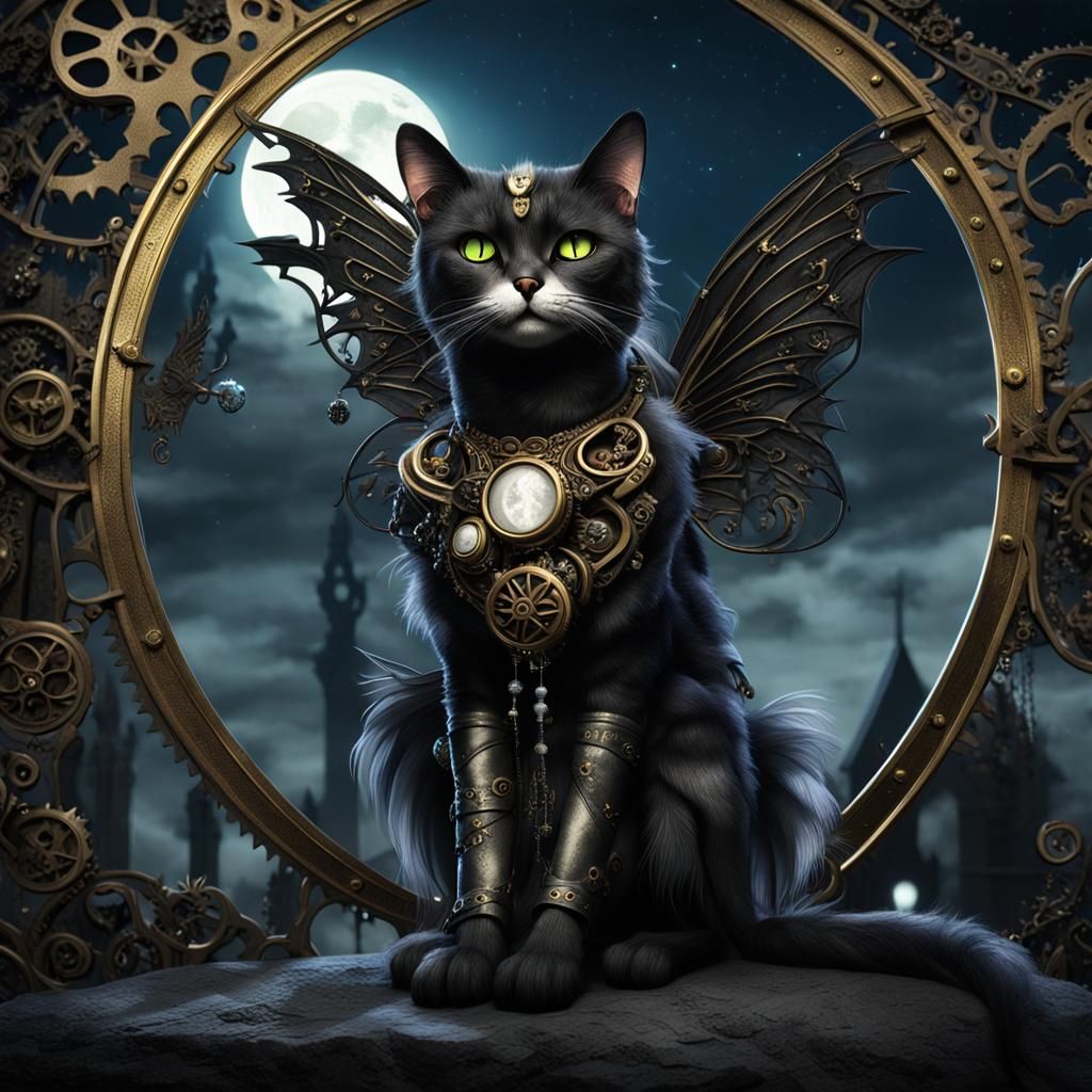 Steampunk Goth Cat Fairy in Graveyard, Digital Art