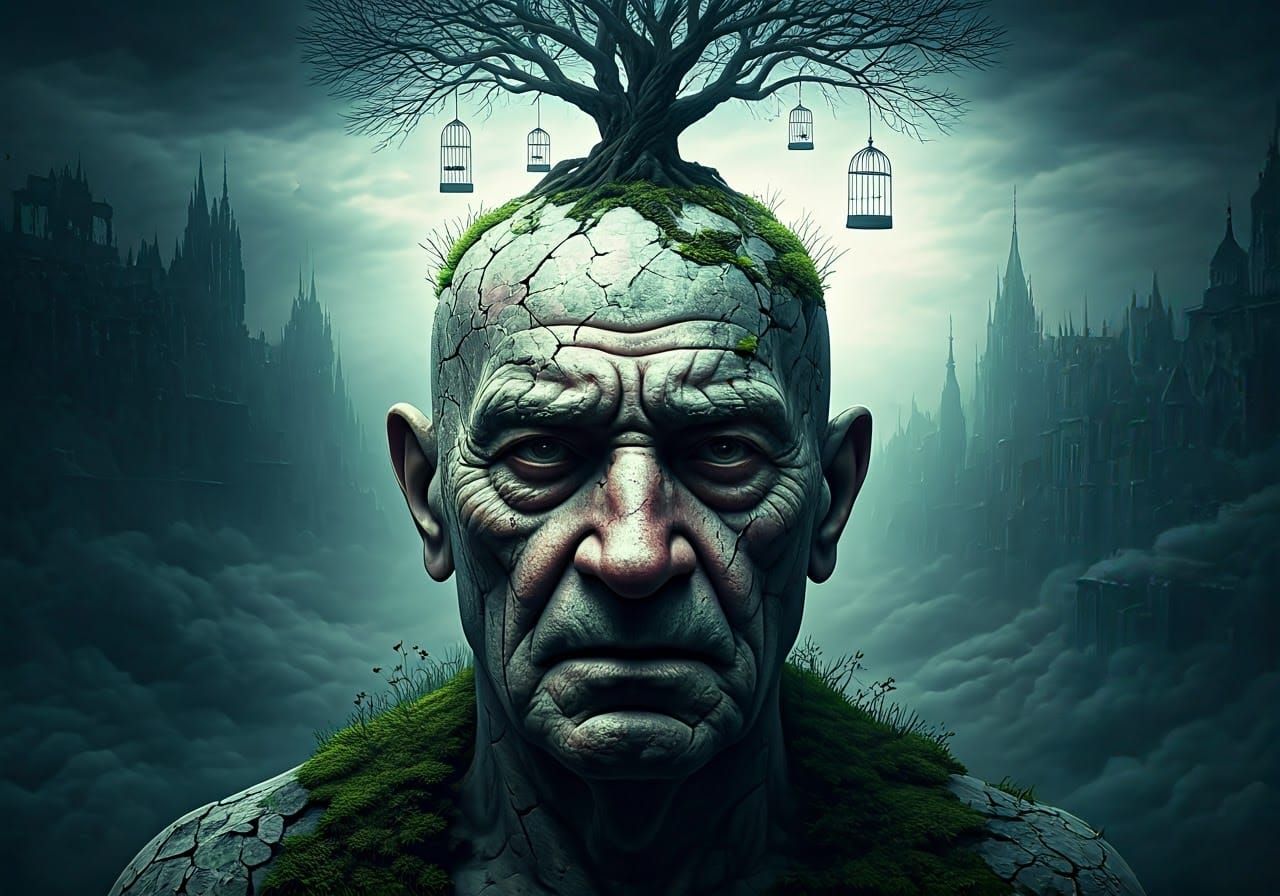 Surreal Stone Face with Gothic Tree, Detailed Matte Painting