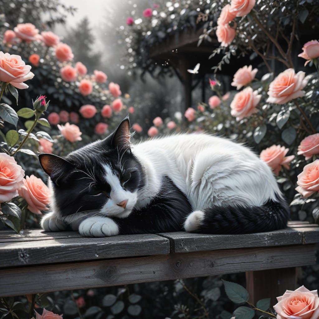 Cosmic Cat in Rose Garden: Expressionist Mixed Media