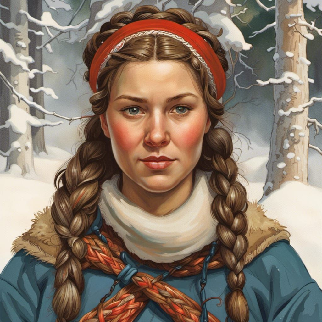 Swedish Sami Woman in Winter Forest Illustration