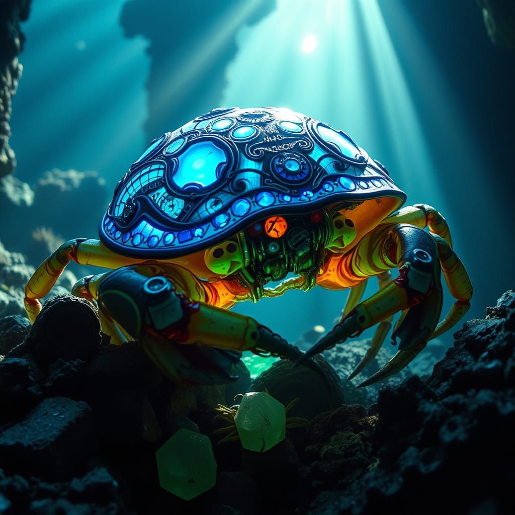 Bioluminescent Crab in Sunken Steampunk City Ruins
