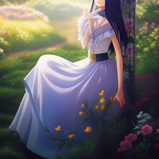 Vintage Anime Landscape with Rolling Hills and Flowers