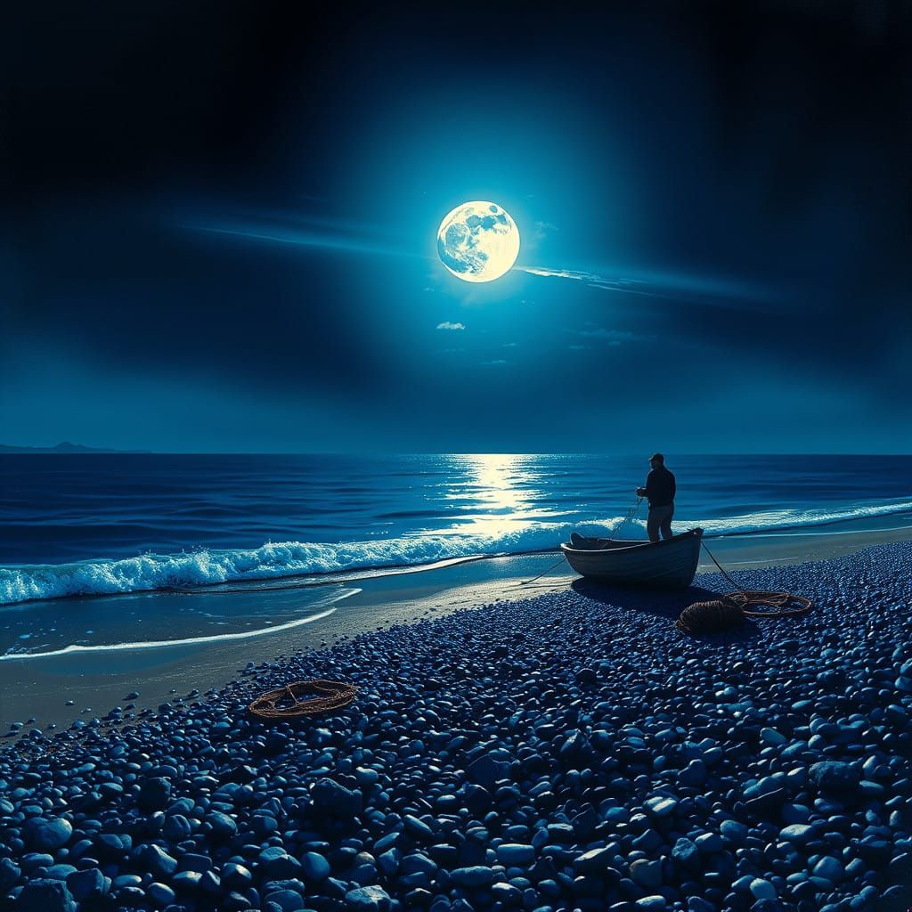 Nocturnal Beach Scene with Vibrant Graffiti Art and Full Moo...