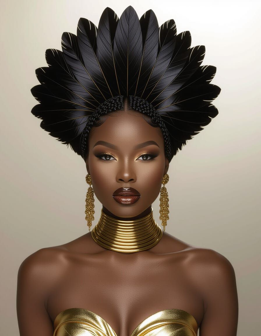 Fashion Portrait of Black Woman with Feathered Headdress