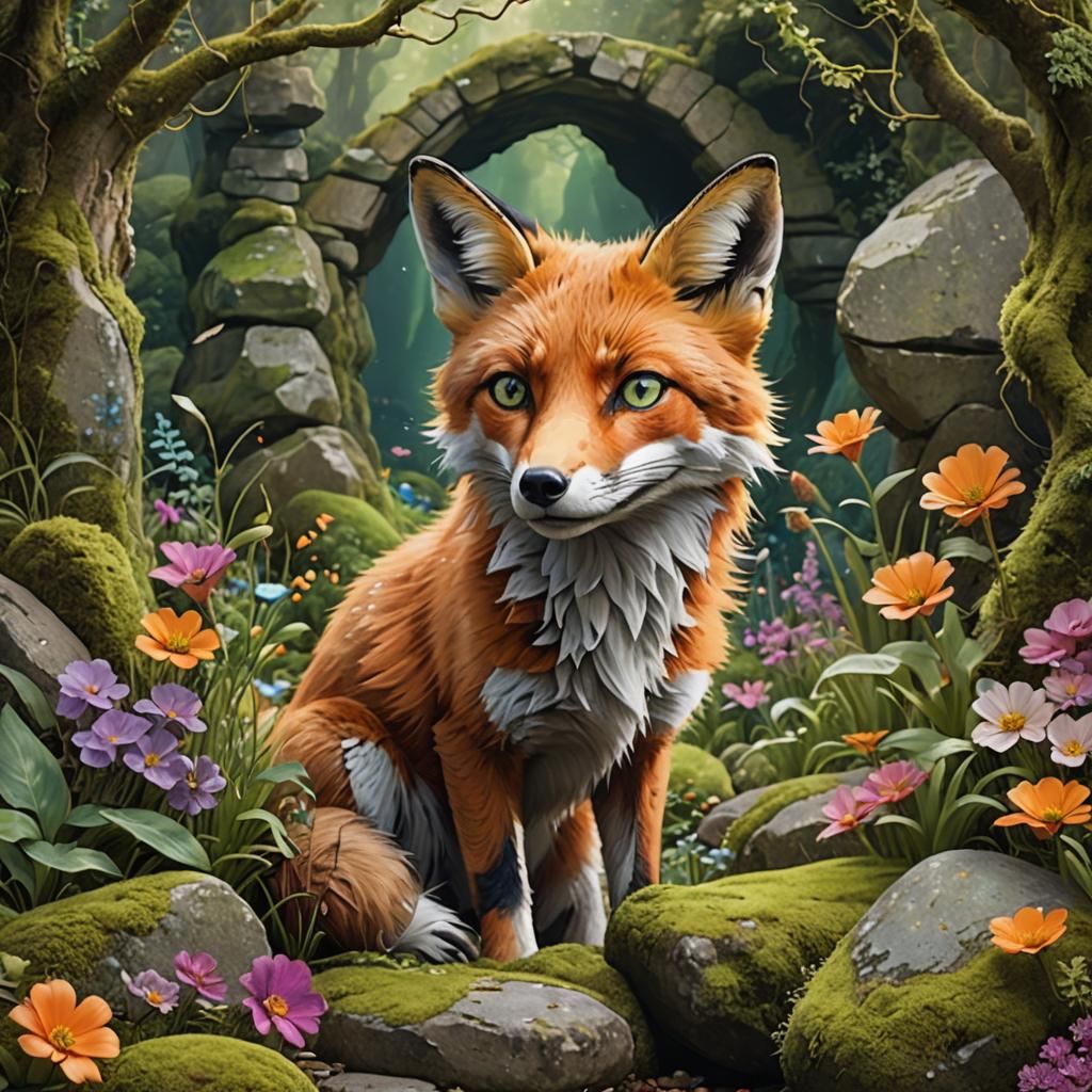 Enchanted Garden Scene with Emerald-Eyed Fox