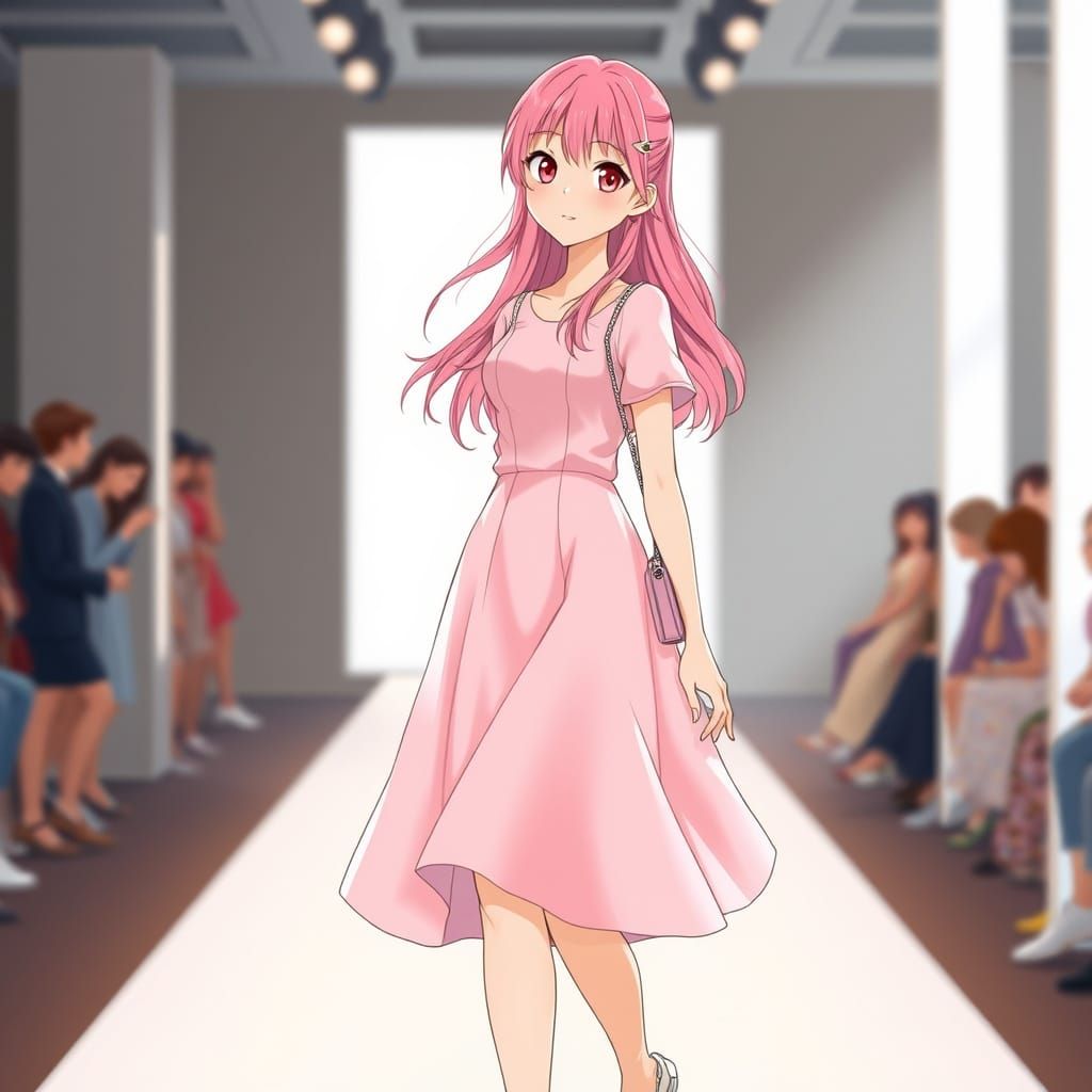 Elegant Pastel Pink Teen Model Walks Catwalk