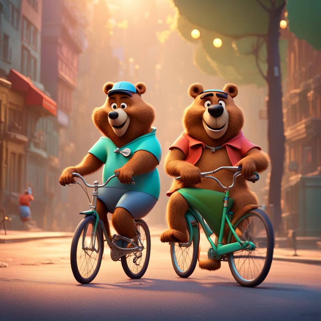 Yogi and Cindy Bear Cycling, 3D Digital Art