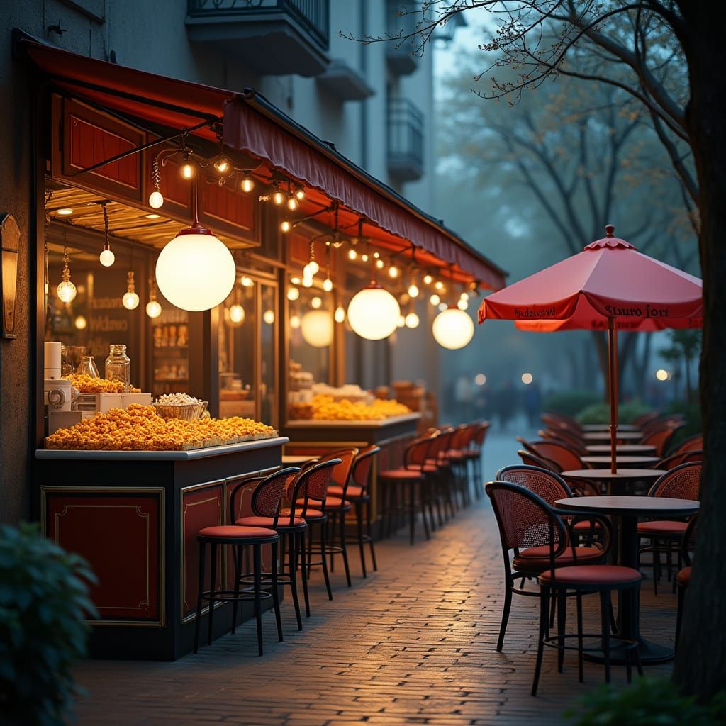 Stylish Open-Air Cafe with Unique Lighting