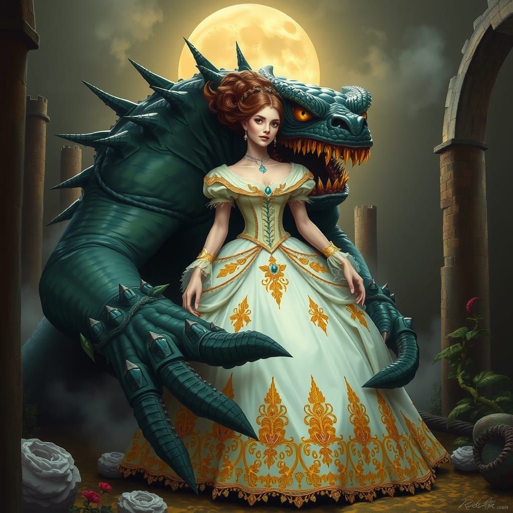 Monster Captures Princess in Gouache Impressionist Style