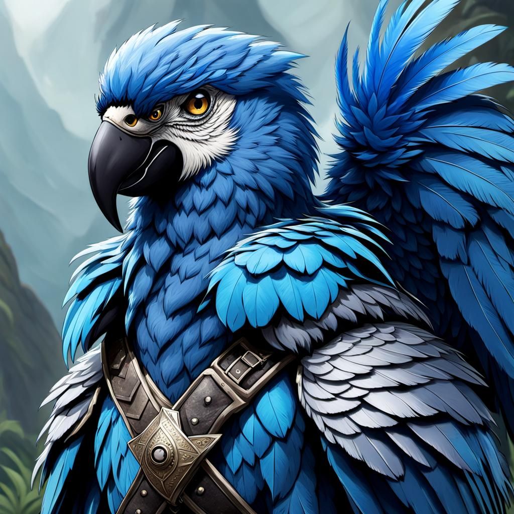 Blue Aarakocra Ranger with Swords in Fantasycore Style