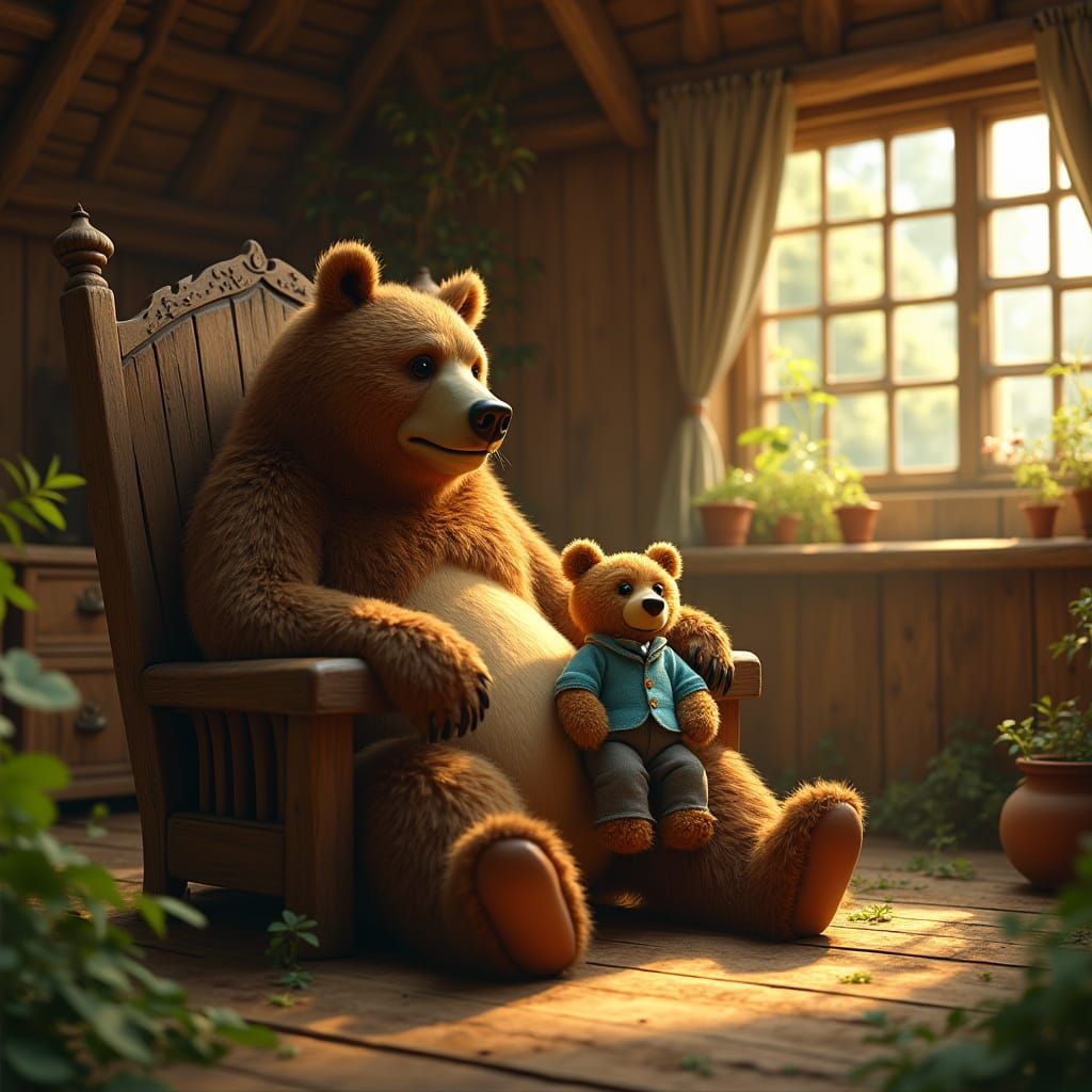 Majestic Brown Bear and Tiny Teddy Bear in Cozy Wooden Hut S...