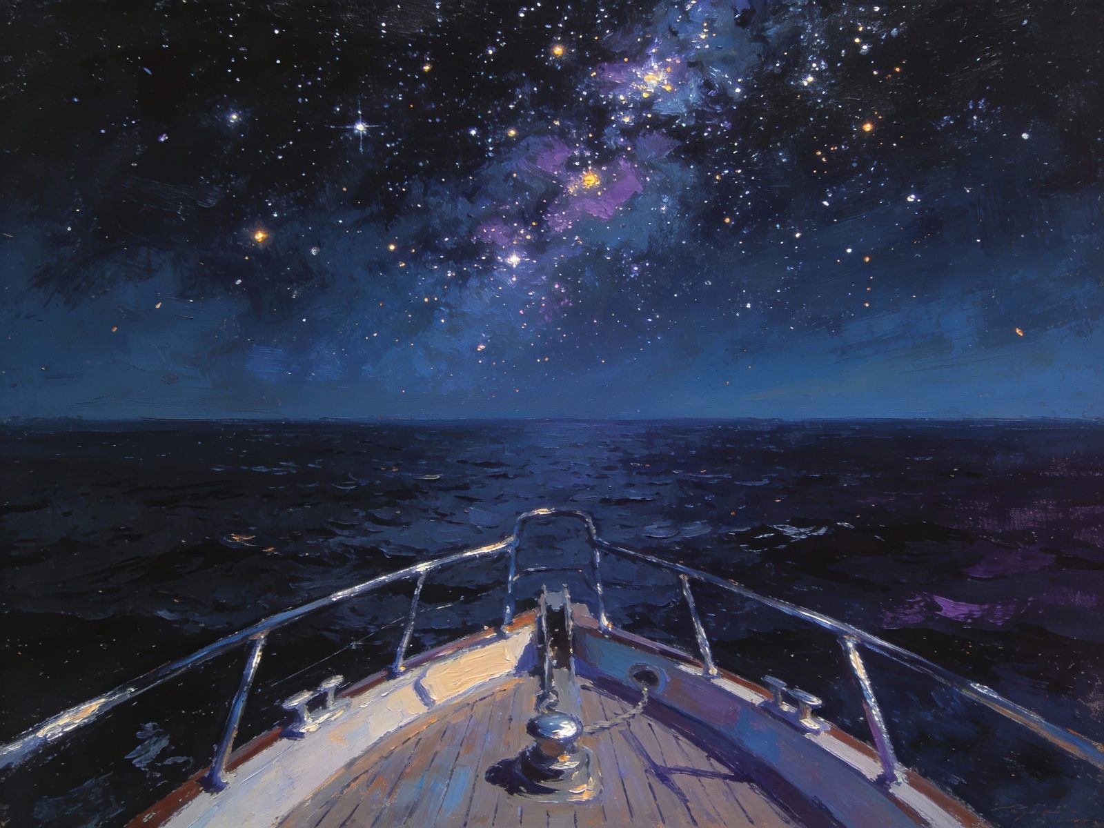 Stunning Night Sky Over Dark Ocean, Painterly Boat View