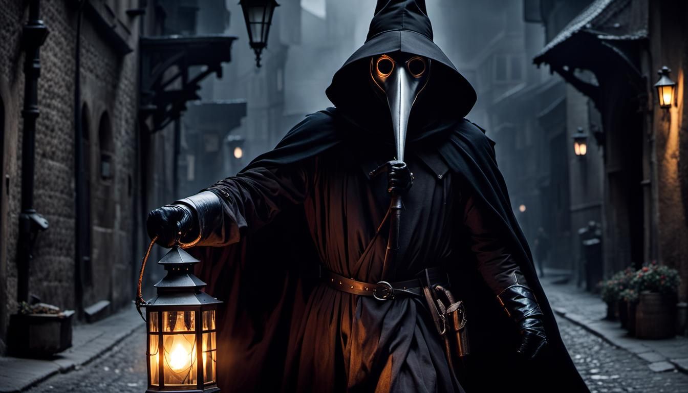 Medieval Plague Doctor and Deadpool in Cityscape