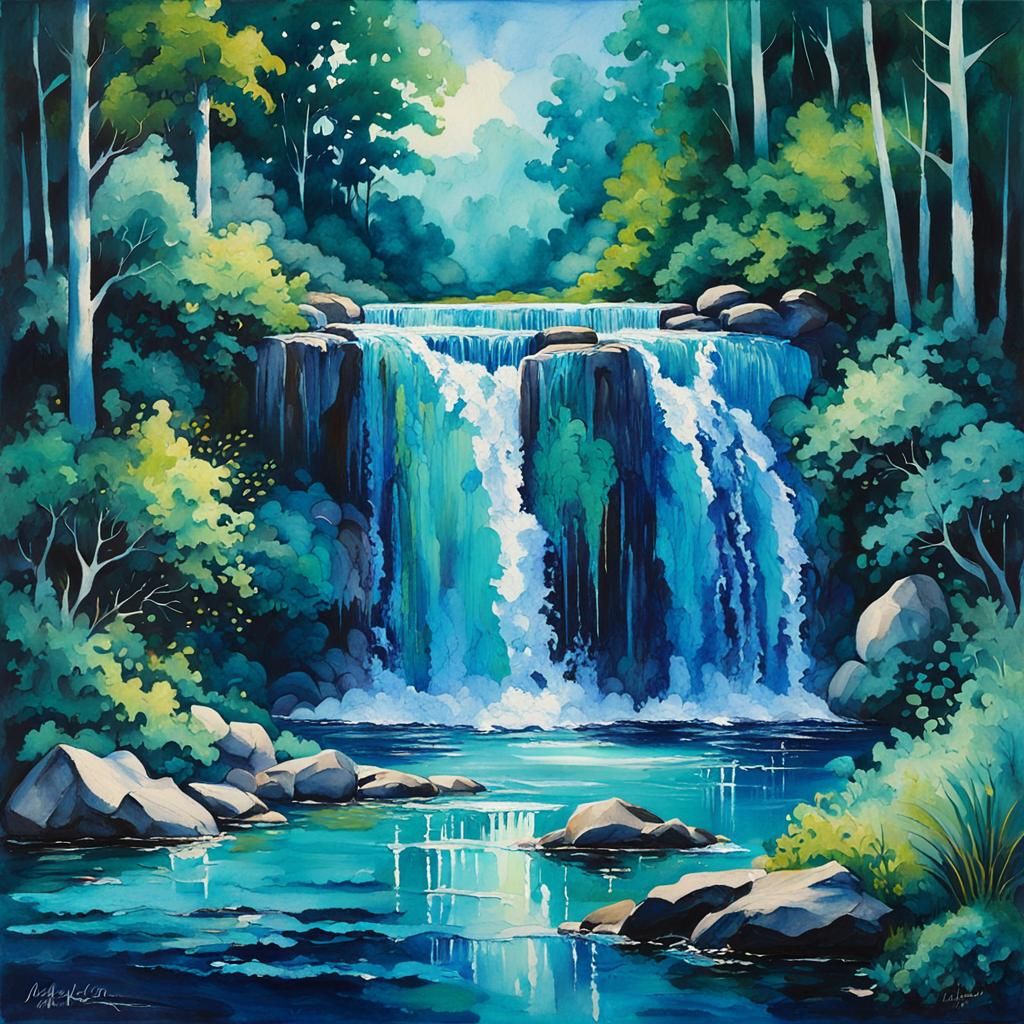 Indigo Waterfall in Impressionist Style